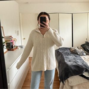 Lands End Cable Knit Quarter Zip - M - Cream